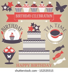 Vector set of celebration or holiday icons in vintage colors. Birthday icons collection.