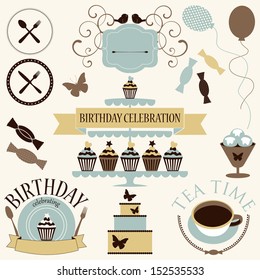 Vector set of celebration or holiday icons in vintage colors. Birthday icons collection.