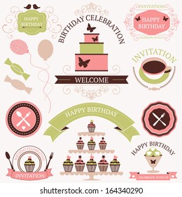 Vector set of celebration or holiday icons in vintage colors. Birthday icons collection.