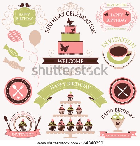 Vector set of celebration or holiday icons in vintage colors. Birthday icons collection.