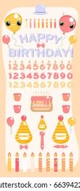 Vector set of celebratory elements for birthday. Cartoon cute style for design greeting cards.