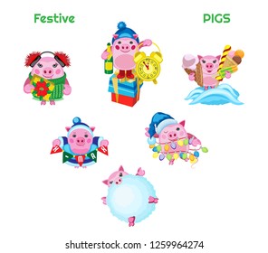 Vector set of celebratory pigs. Isolated objects on a transparent background.