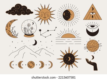 Vector set of celestial elements in black and gold colors. Mystic sun, moon, eye, hand, cloud symbols in line art style. Vintage boho illustrations. Mininalist alchemy tattoo art