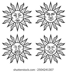 Vector set of celestial suns with face and opened eyes stylized drawing illustration.
