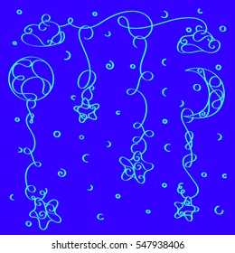 Vector set of Celestial symbols: sun, moon, stars, patterns, clouds on a blue background.
