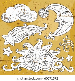 Vector set of Celestial symbols: sun, moon, star, comet, with human faces, and cute cloud.