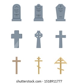 Vector Set of Cemetery Icons. Headstones, Gravestones, Tombstones and Crosses. Funeral Symbol.