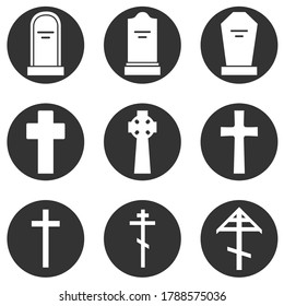 Vector Set of Cemetery Icons. Headstones, Gravestones, Tombstones and Crosses.