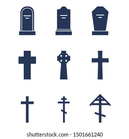 Vector Set of Cemetery Icons. Tombstones and Crosses. Funeral Symbol.