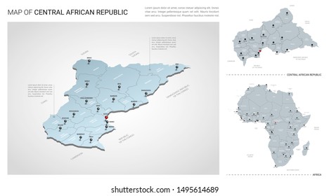Vector set of Central African Republic country.  Isometric 3d map, Central African Republic map, Africa map - with region, state names and city names. 
