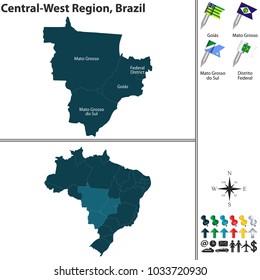 Vector set of Central West region of Brazil with flags and map on white background