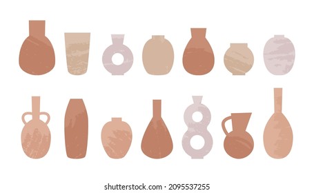 Vector set of ceramic boho vases. Pottery concept. Abstract clay pots with hand drawn textures. Antique ceramics colored silhouette. Trendy vintage bottles and jugs. Neutral pastel colors.