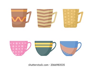 Vector set of ceramic cups with patterns. Cartoon style.