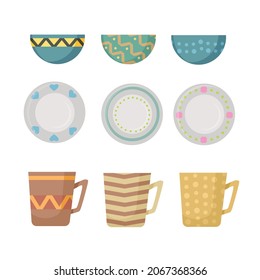Vector set of ceramic pasuda with patterns - cups, plates, bowls. Cartoon style.