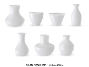 Vector Set Of Ceramic Vase 3d Models Isolated On White Background. White Pottery Vases Realistic Illustration. Flower Pot Mockup