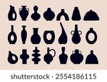 Vector set of ceramic vases. Different shapes. Ancient black ceramic vase amphora jar silhouette shapes, hand drawn isolated icons. Black silhouettes. Pottery concept. Stamp texture. Trendy illustrati