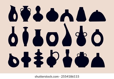 Vector set of ceramic vases. Different shapes. Ancient black ceramic vase amphora jar silhouette shapes, hand drawn isolated icons. Black silhouettes. Pottery concept. Stamp texture. Trendy illustrati