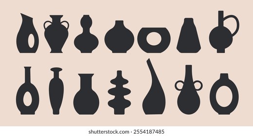 Vector set of ceramic vases. Different shapes. Ancient black ceramic vase amphora jar silhouette shapes, hand drawn isolated icons. Black silhouettes. Pottery concept. Stamp texture. Trendy illustrati