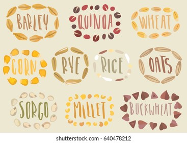 Vector set of cereal emblems. Handwritten lettering inside hand-drawn stylized circuit of grains. For packing groats, advertising healthy food.