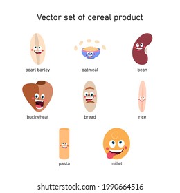Vector set of cereal products. Cartoon drawing pearl barley, oatmeal, beans, buckwheat, bread, rice, pasta, millet.