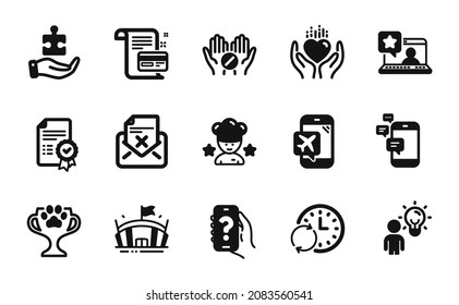 Vektorset of Certificate, Medical Tablet und Update Time Icons einfache Set. Gruppen, Zahlungskarten und Hilfe-App-Symbole. Bester Koch, Gewinner-Tasse und Puzzle-Schilder. Zertifikat einfaches Web-Symbol. Vektorgrafik