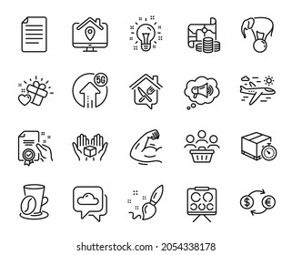 Vector set of Certificate, Megaphone and File line icons set. Paint brush, Currency exchange and Weather forecast icons. Idea, 5g upload and Delivery timer signs. Certificate web symbol. Vector