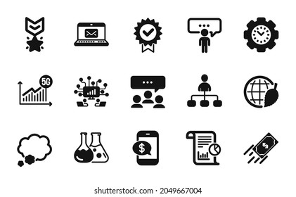 Conjunto de vectores de iconos de pago de certificados, informes y teléfonos simple conjunto. Iconos de estadísticas de correo electrónico, reunión y 5g. Trabajo en equipo, pago rápido y carteles de medallas ganadoras. Símbolo web simple de certificado. Vector