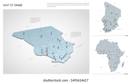 Vector set of Chad country.  Isometric 3d map, Chad map, Africa map - with region, state names and city names. 