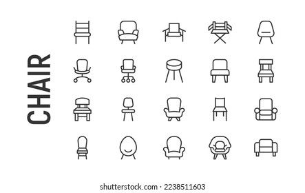 Vector set of chair thin line icons. Design of 20 stroke pictograms. Signs of chair isolated on a white background.