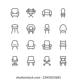 Vector set of chair thin line icons. Design of stroke pictograms. Signs of calendar isolated on a white background