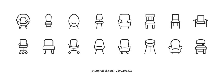 Vector set of chair thin line icons. Design of stroke pictograms. Signs of calendar isolated on a white background