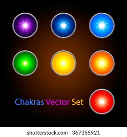 Vector set of chakra person. different colors with glitter and shine