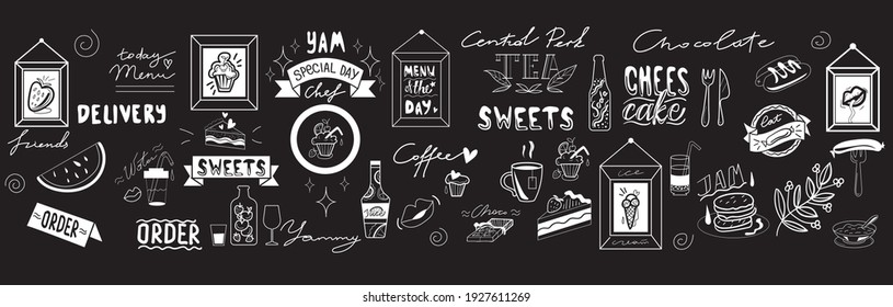 Conjunto vectorial de elementos de pizarras para menú, palabras en inglés, elementos decorativos, comer