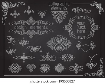 Vector set of chalk calligraphic design elements. Page decoration, flourishes, dividers, vintage frames, headers and design elements on chalkboard background.