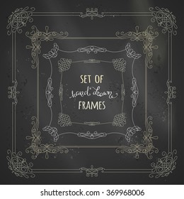 Vector set of chalk calligraphic frames. Vintage ornaments, design elements, flourishes, page decorations and dividers on blackboard background. Can be used for invitations and congratulations.