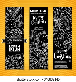 Vector set of chalk Christmas banners. Three vertical templates for your festive design. Christmas decorations and hand-lettering. There are places for your text. Black and white illustration.