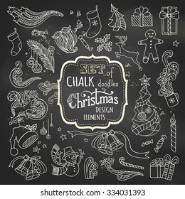 Vector set of chalk Christmas design elements. Christmas tree and baubles, Santa sock, hat and beard, gifts, candy canes, snowman, gingerbread man, deer, cup, holly berries on blackboard background.