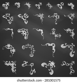 Vector set of chalk corner page decorations. White hand-drawn design elements on blackboard.
