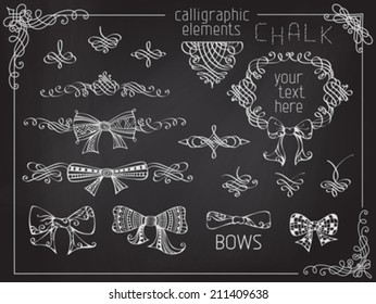 Vector set of chalk design elements. Vintage calligraphic frames, page decorations and dividers on chalkboard background.