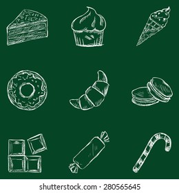 Vector Set of Chalk Dessert Icons. Sweet-Stuff. Confection. Cake, Brownie, Ice Cream, Doughnut, Croissant, Macaroni, Chocolate, Candy, Candy Cane.