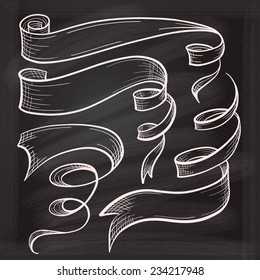 Vector set of chalk doodle scrolls and ribbons on the chalkboard background