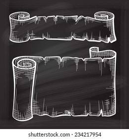 Vector set of chalk doodle scrolls and ribbons on the chalkboard background