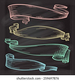 Vector set of chalk doodle scrolls and ribbons on the chalkboard background
