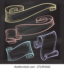 Vector set of chalk doodle scrolls and ribbons on the chalkboard background