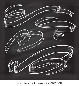 Vector set of chalk doodle scrolls and ribbons on the chalkboard background