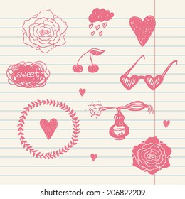 vector set of chalk doodles icluding cloud, hearts, laurel wreath, sunglasses, rose, cherry