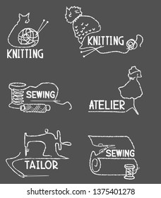 Vector set of chalk drawings labels with sewing machine, spool of thread, scissors, needle, etc. 