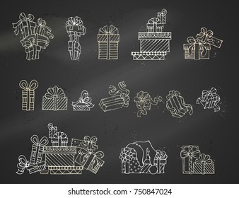 Vector set of chalk festive gifts on blackboard background. One, two and more presents. A heap of gift boxes. Hand-drawn linear icons.