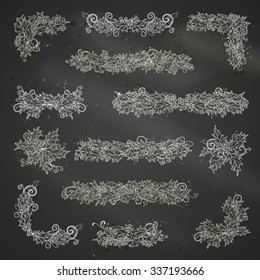 Vector set of chalk holly berries design elements. Christmas corners, page decorations and dividers on blackboard background.