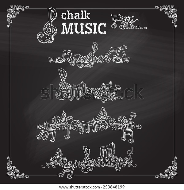 Vector set of chalk music page decorations.\
Hand-drawn page dividers, vintage design elements and page\
decoration with music notes and treble\
clefs.